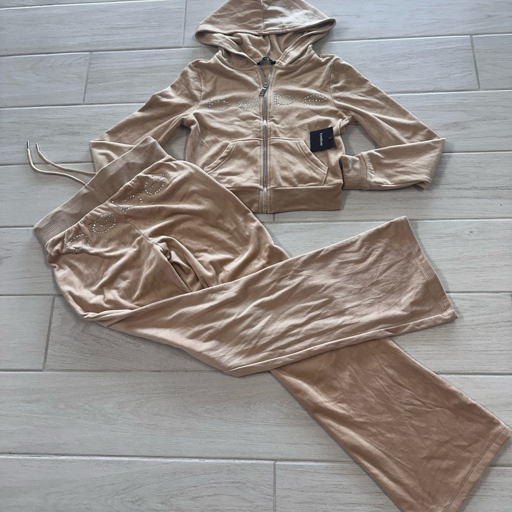 bebe Nude Beige Velour Zip Hoodie & Flared Joggers Set